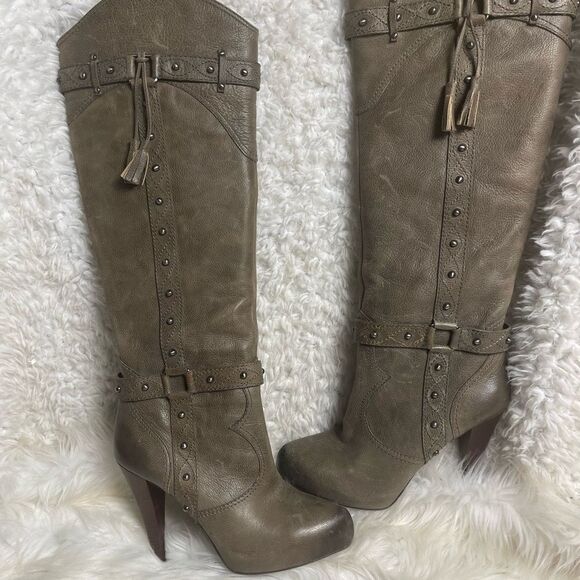 Gianni Bini Leather Taupe Studded Tassel Tall High Heel slip on  Boots Size 8.5M - Picture 2 of 12
